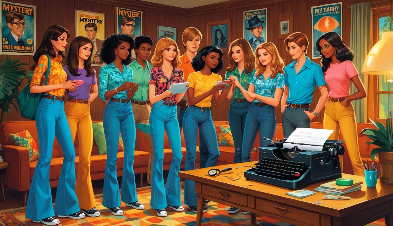 A group of teenagers in 1970s clothing gathered around a table with a typewriter and magnifying glass, appearing to solve a mystery in a retro living room.