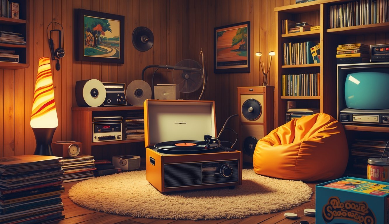 A 1970s basement or den featuring a record player surrounded by a lava lamp, rotary phone, vinyl records, shag carpet, bean bag chair, tube television, fan, board game, and wood shelves with books.