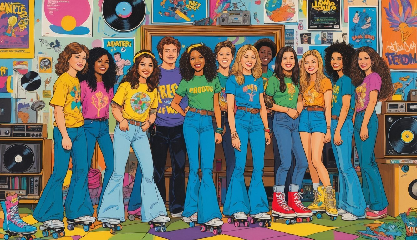 A group of teenagers dressed in 1970s fashion enjoying music and activities in a lively urban setting filled with vintage items and colorful decorations.