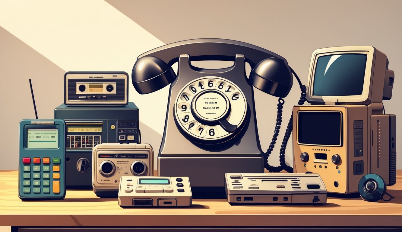 A collection of 1970s technology gadgets including a rotary dial telephone, handheld calculator, cassette player, digital wristwatch, video game console, mobile phone, film camera, and desktop computer arranged on a wooden surface.