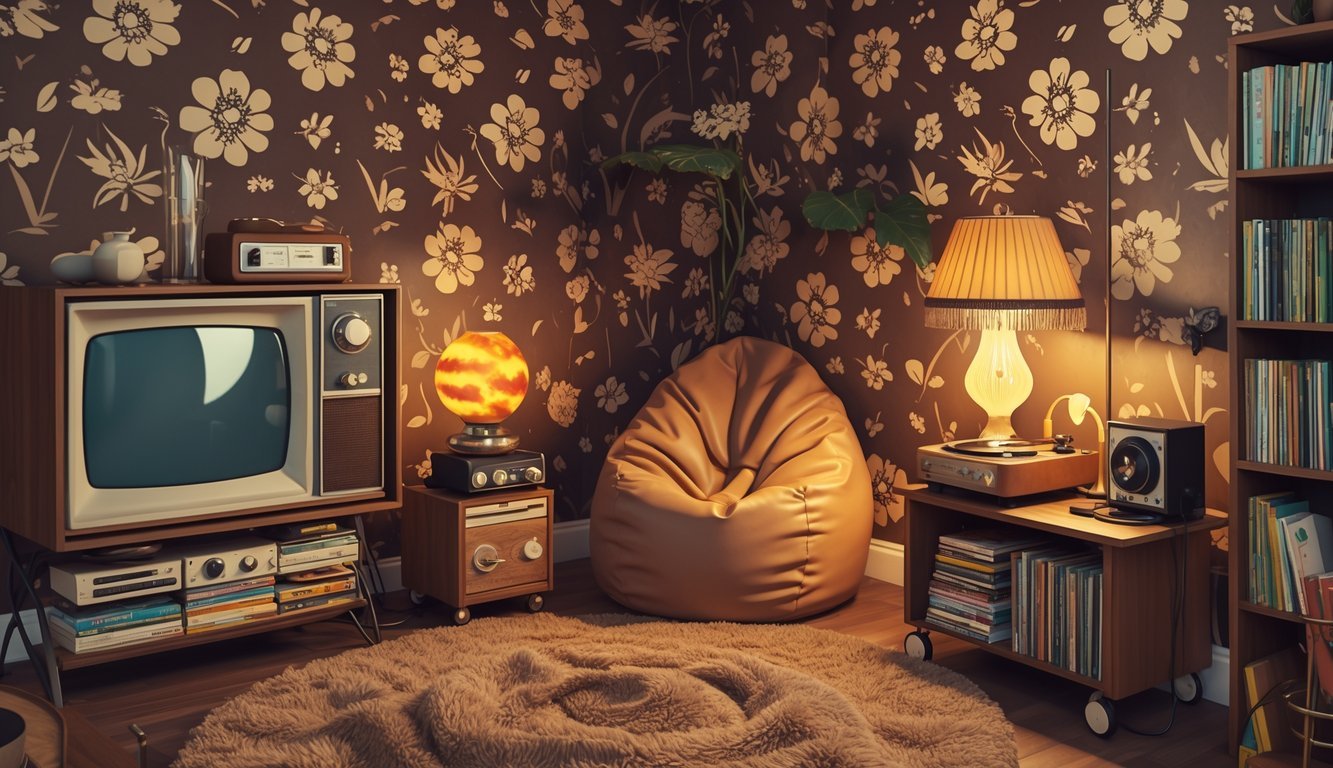 A 1970s basement or den with brown floral wallpaper, a vintage TV, rotary phone, shaggy rug, lava lamp, bean bag chair, vinyl records and player, bookshelf with books and games, rotary fan, floor lamp, and a bar cart.