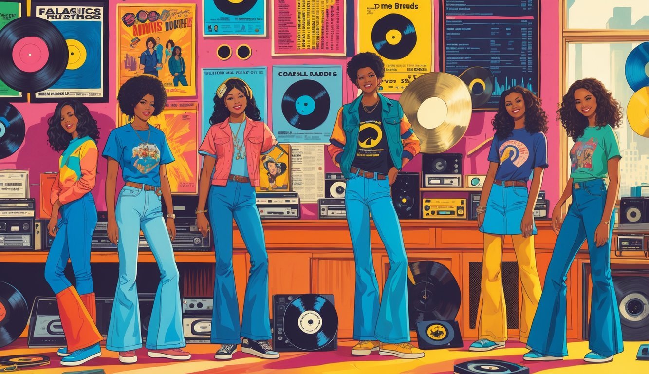 A colorful scene showing 1970s teenagers surrounded by music charts, band posters, vinyl records, and retro fashion in an urban setting.