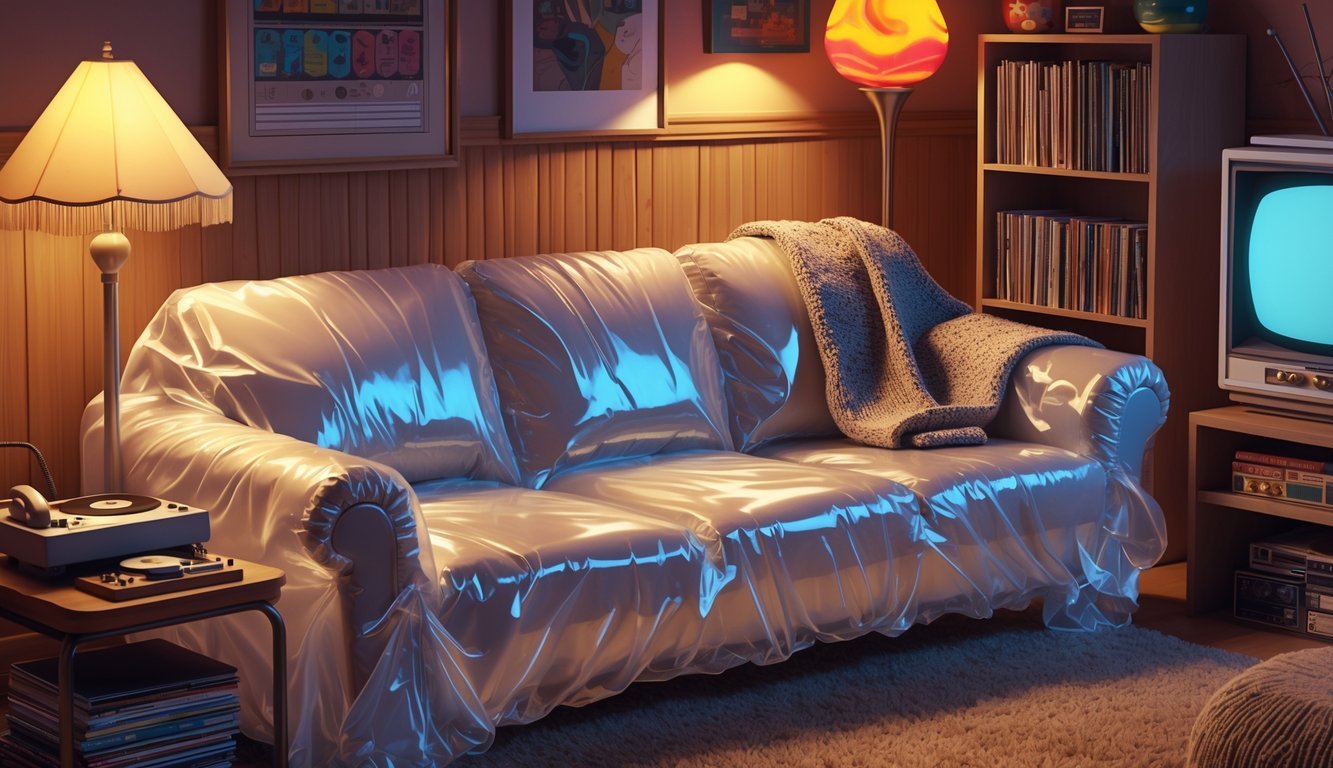 A 1970s basement with a plastic-covered sofa surrounded by vintage decor including wood-paneled walls, shag carpet, a lava lamp, a rotary phone, vinyl records, and a television set.