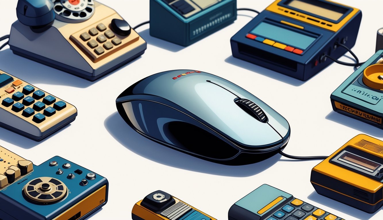 A collection of nine 1970s tech gadgets including the Concorde Computer Mouse, rotary phone, early mobile phone, cassette player, handheld calculator, desktop keyboard, joystick, reel-to-reel tape recorder, and walkie-talkie arranged on a plain background.