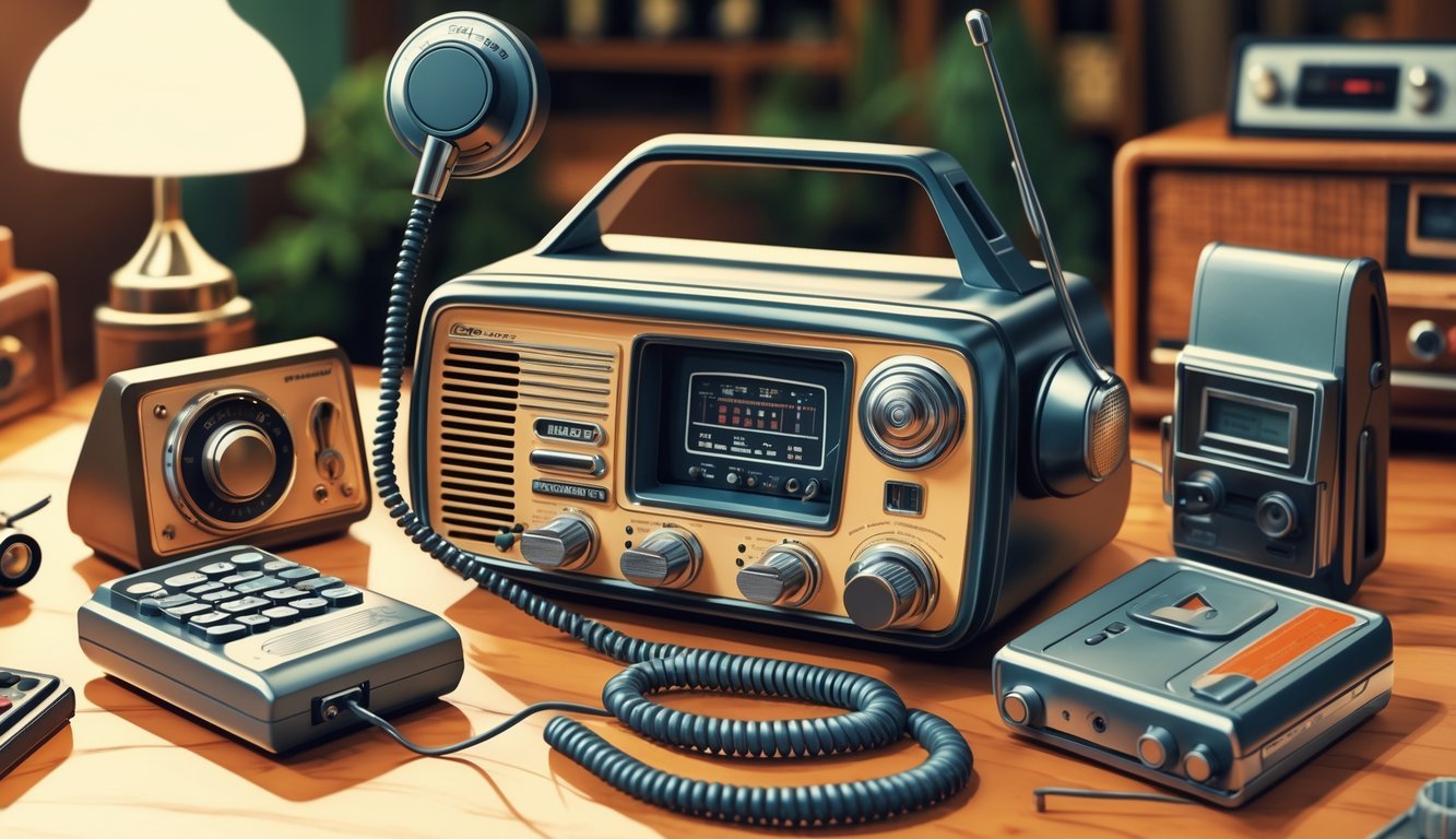 Nine vintage 1970s tech gadgets including a CB radio, rotary phone, calculator, transistor radio, cassette player, Polaroid camera, digital wristwatch, video game controller, and car dashboard controls arranged on a wooden desk.