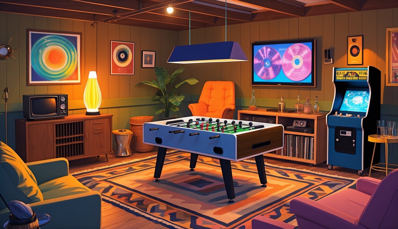A 1970s basement or den with a foosball table surrounded by a lava lamp, wood-paneled TV, rotary phone, shag rug, bean bag chair, vinyl records with player, arcade machine, wood-paneled walls with a poster, and a bar cart.
