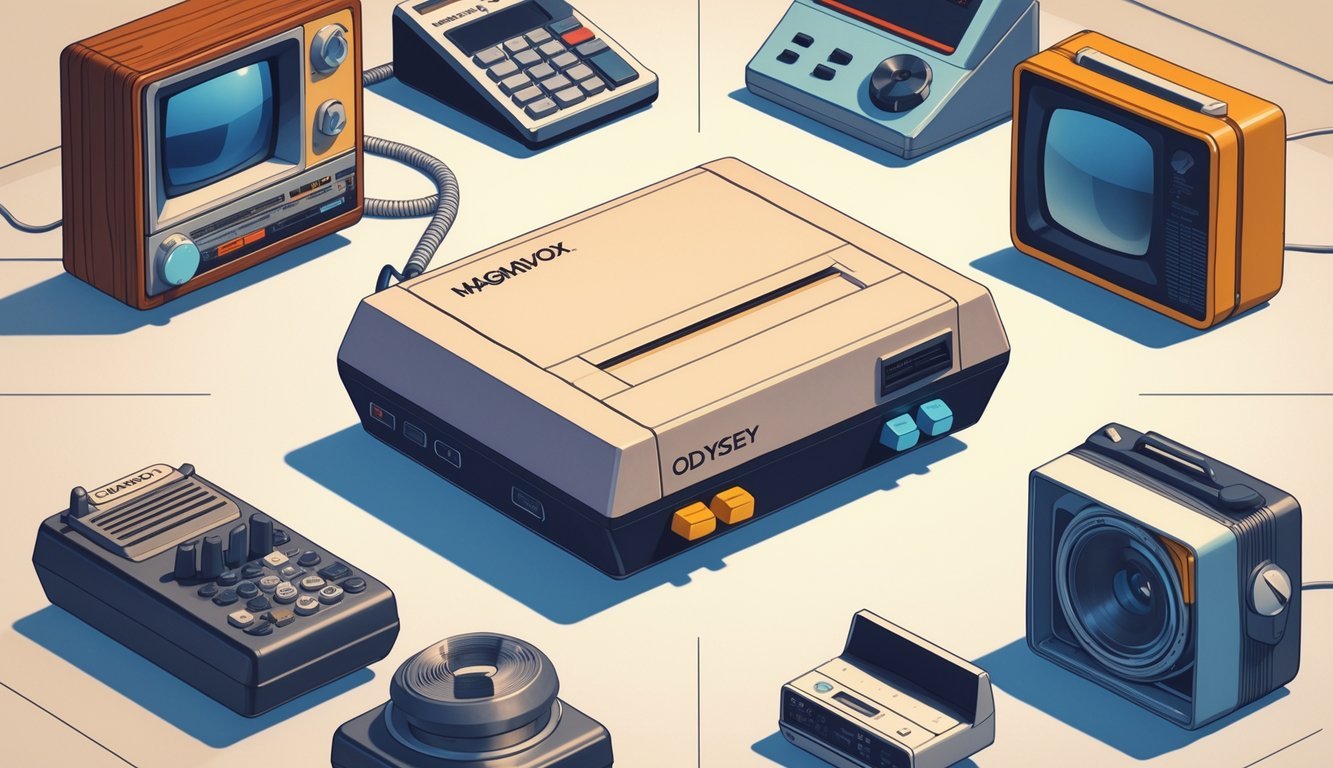 A collection of nine iconic 1970s tech gadgets including the Magnavox Odyssey videogame system, a rotary phone, handheld calculator, cassette player, portable TV, digital watch, film camera, transistor radio, and slide projector arranged together.