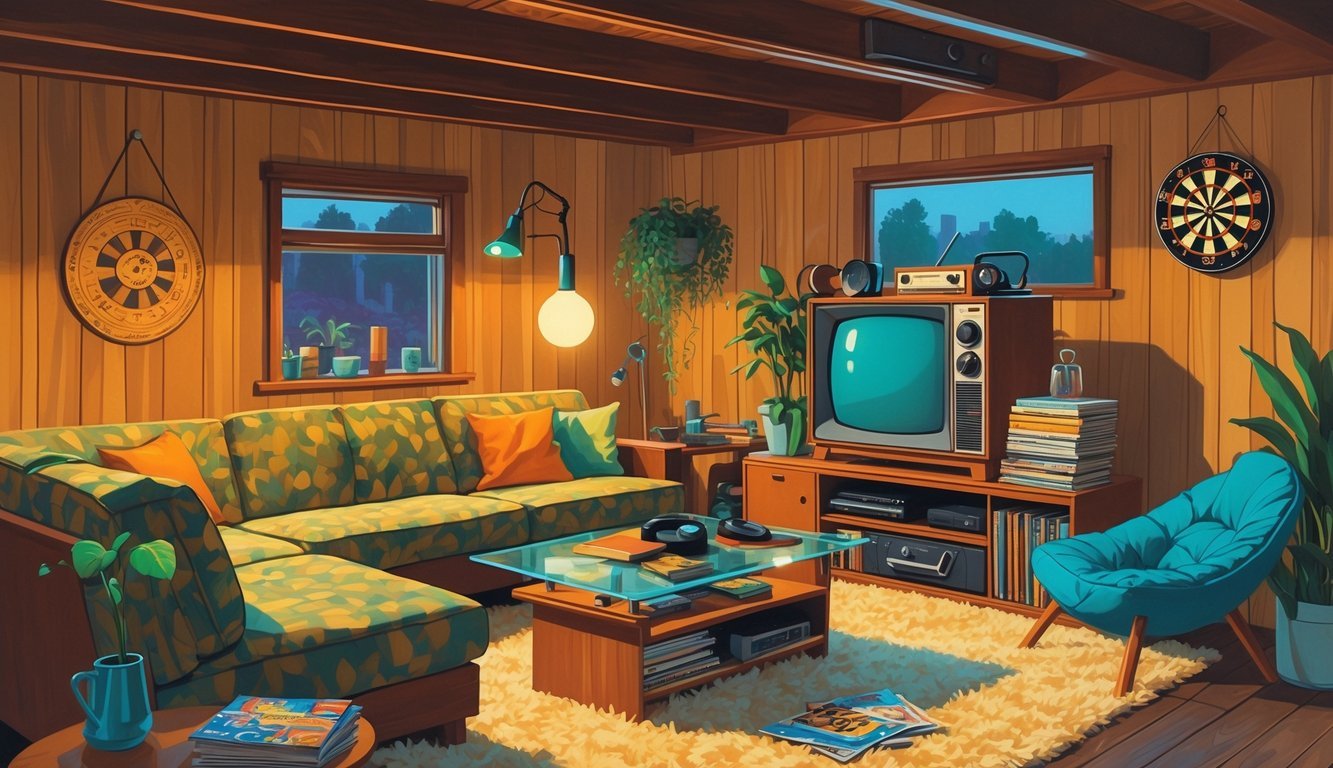 A cozy basement room with wood-paneled walls, a sectional sofa, a lava lamp, a vintage TV, a dartboard, a record player, board games, a bean bag chair, and warm lighting.