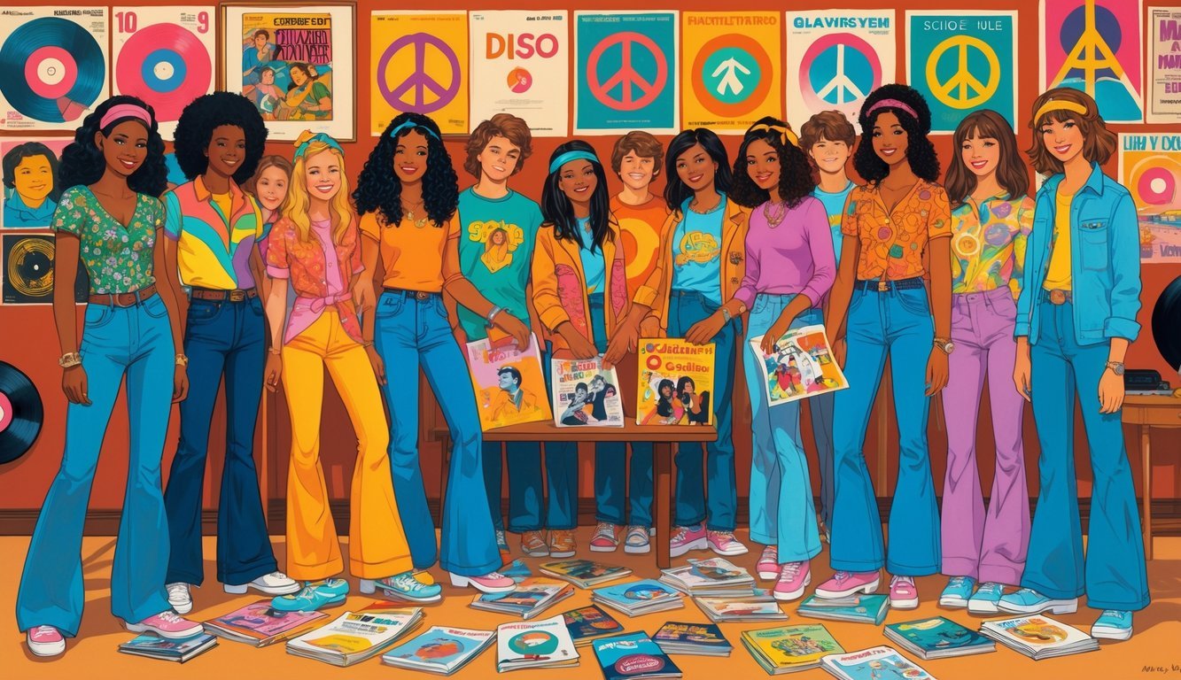 A group of teenagers in 1970s clothing gathered around a table with vintage magazines and 70s cultural items in the background.