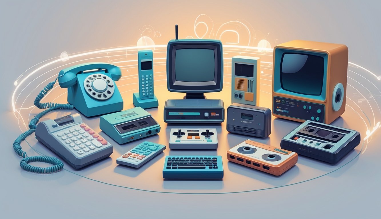 Nine iconic 1970s tech gadgets arranged together, including a rotary phone, early computer, cassette player, handheld calculator, and vintage video game console, connected by subtle glowing lines.