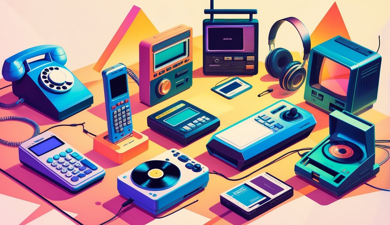 Nine iconic 1970s technology gadgets including a rotary phone, brick mobile phone, calculator, cassette player, video game console, desktop computer, record player, Polaroid camera, and digital wristwatch arranged together.