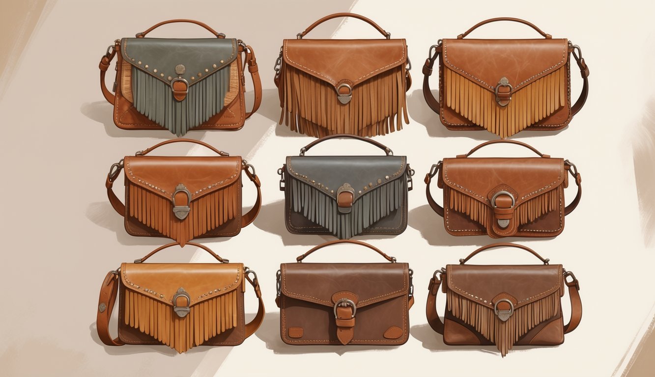 A collection of eight leather fringe purses with different shapes and details arranged on a neutral background.