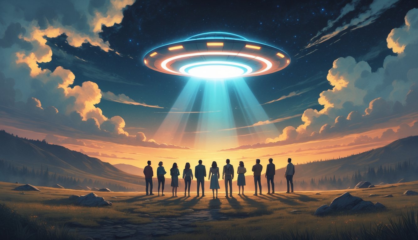 A group of people standing on a hillside at dusk looking up at a large glowing UFO in the sky, surrounded by hills and clouds.
