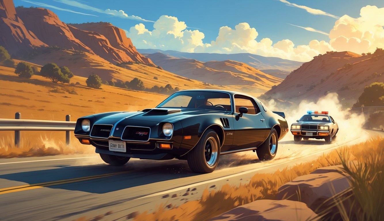 A black 1977 Pontiac Trans Am speeds down a sunny highway with a police car chasing behind, set against rolling hills and a clear blue sky.