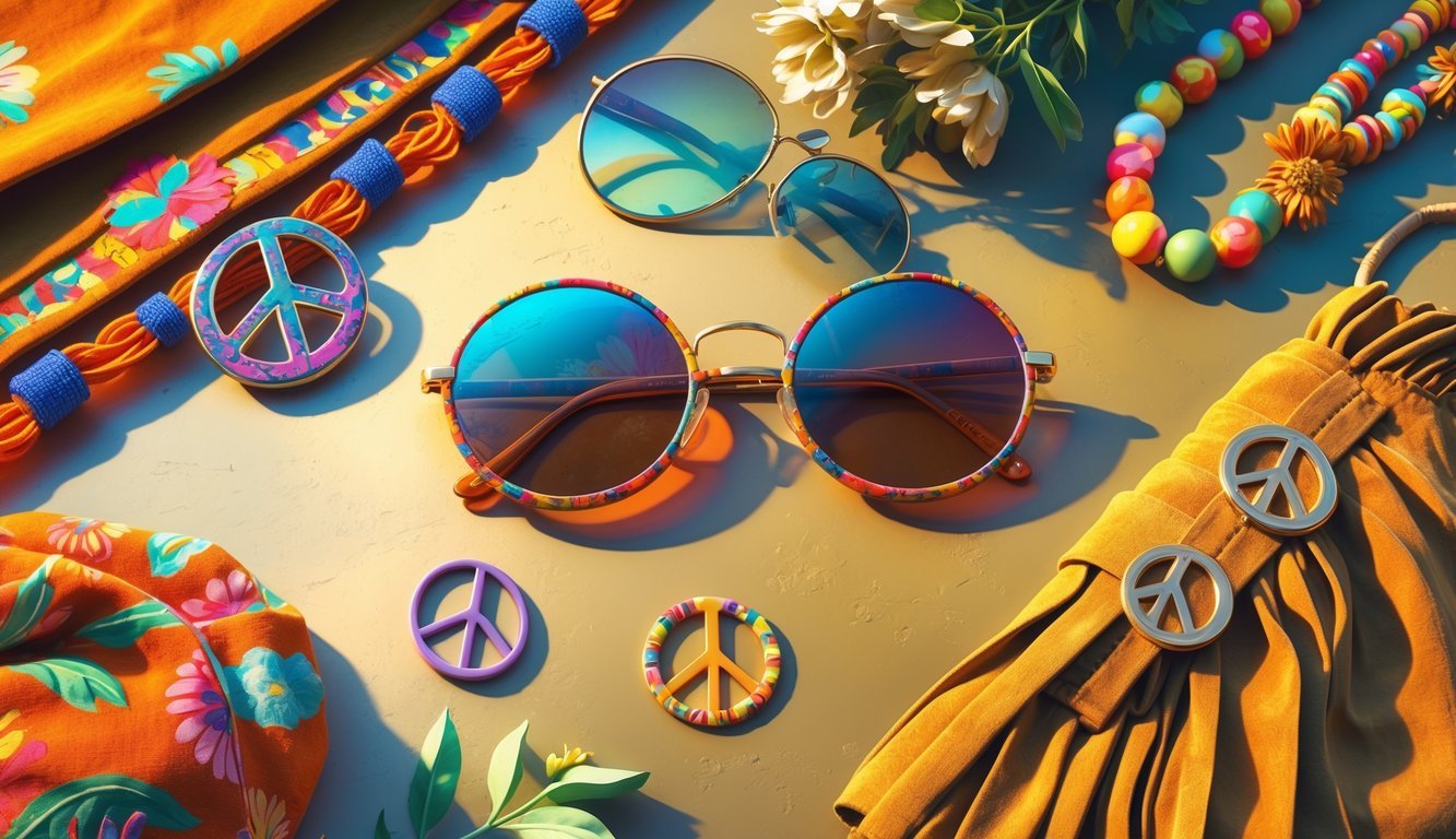 A collection of round hippie sunglasses and various 1970s fashion accessories arranged on a surface.