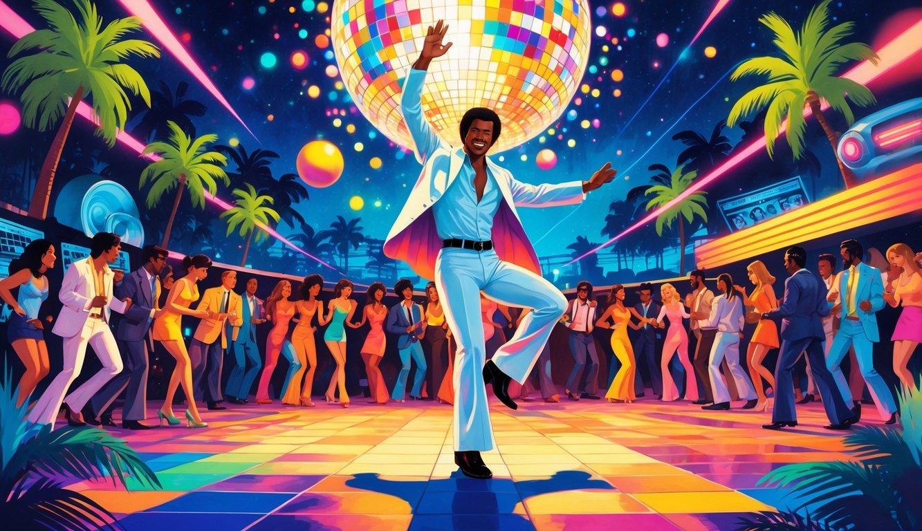 A man in a white suit dancing under a disco ball on a crowded dance floor at night, surrounded by colorful lights and summer-themed elements.