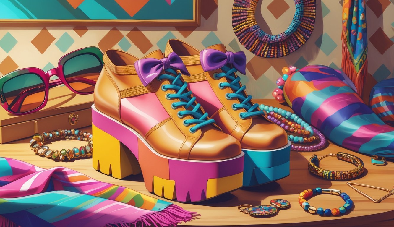A collection of 1970s fashion accessories including platform shoes, sunglasses, headbands, necklaces, earrings, and scarves arranged on a table.