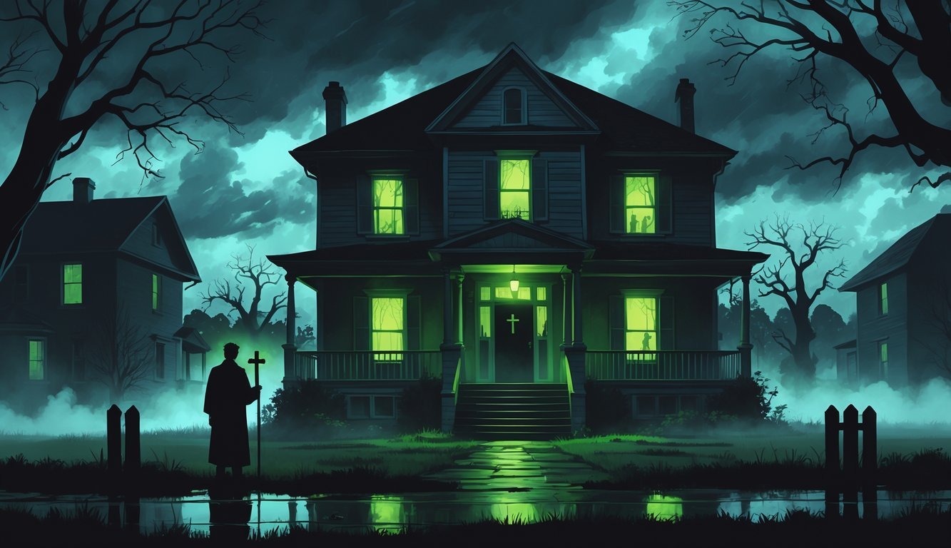 A priest stands on the steps of a dimly lit old house at night with glowing windows and a stormy sky overhead.