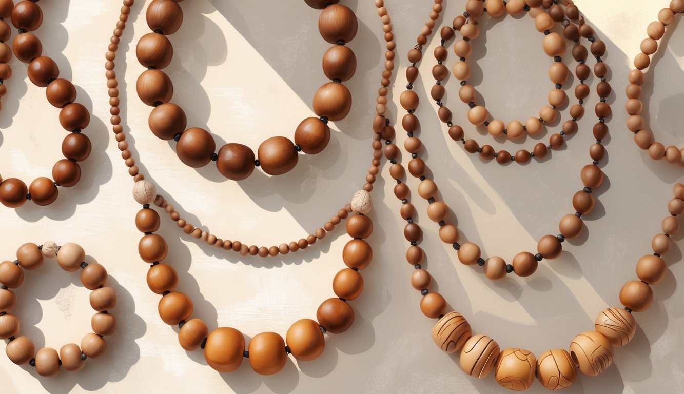 Eight wooden bead necklaces of different styles and sizes arranged on a neutral background.