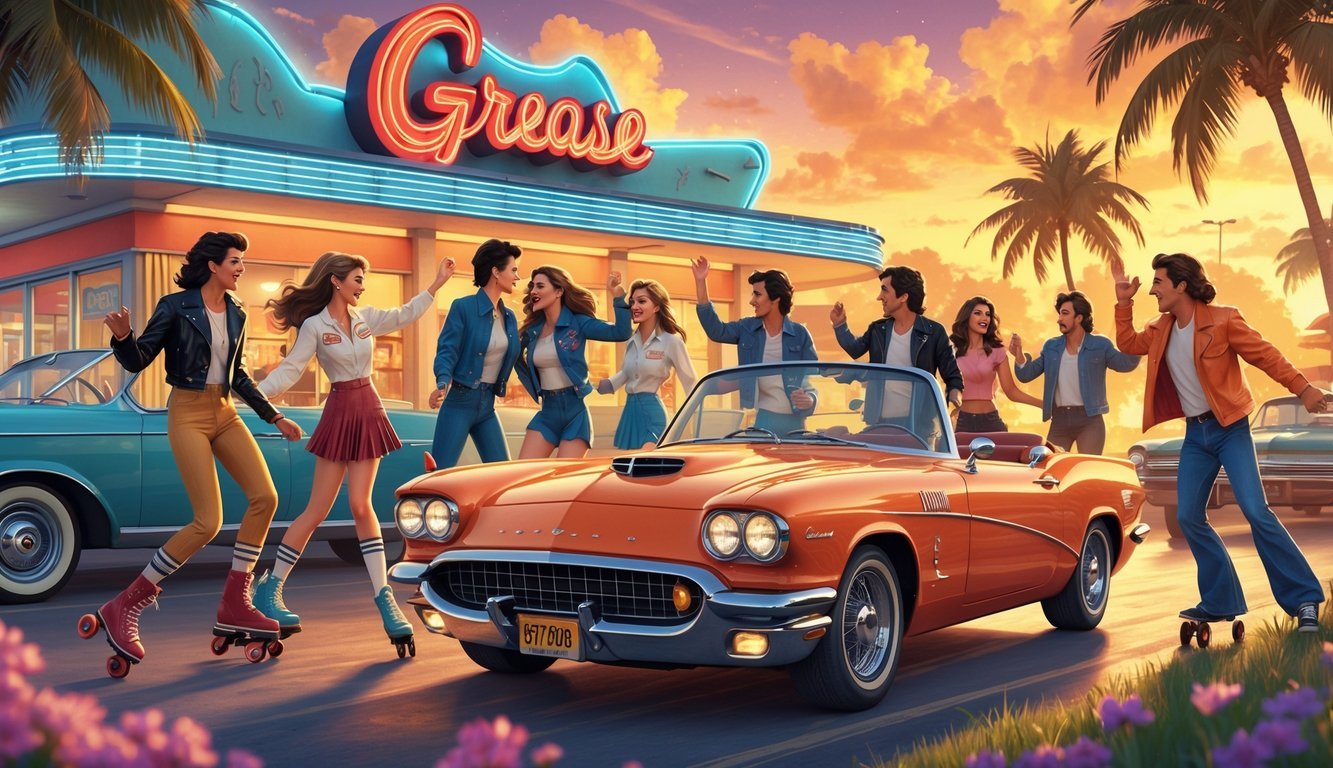 A group of teenagers in 1970s style clothing enjoying a summer evening near a classic diner with a vintage car and palm trees in the background.