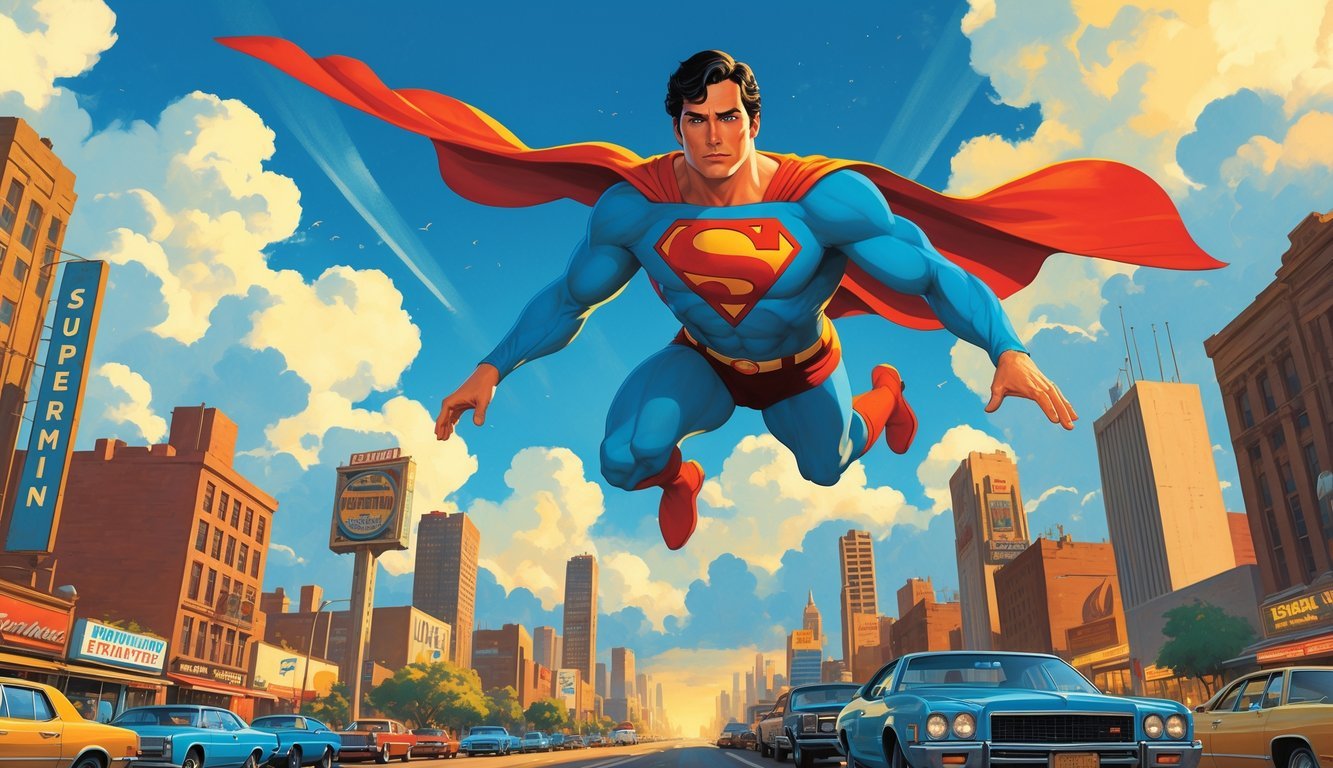 A superhero flying over a 1970s city with a red cape flowing behind him on a sunny summer day.