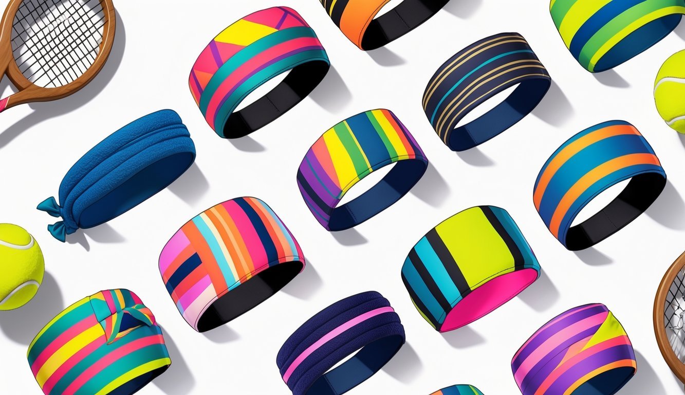 Eight colorful 1970s tennis headbands arranged neatly with vintage tennis rackets and balls on a simple background.
