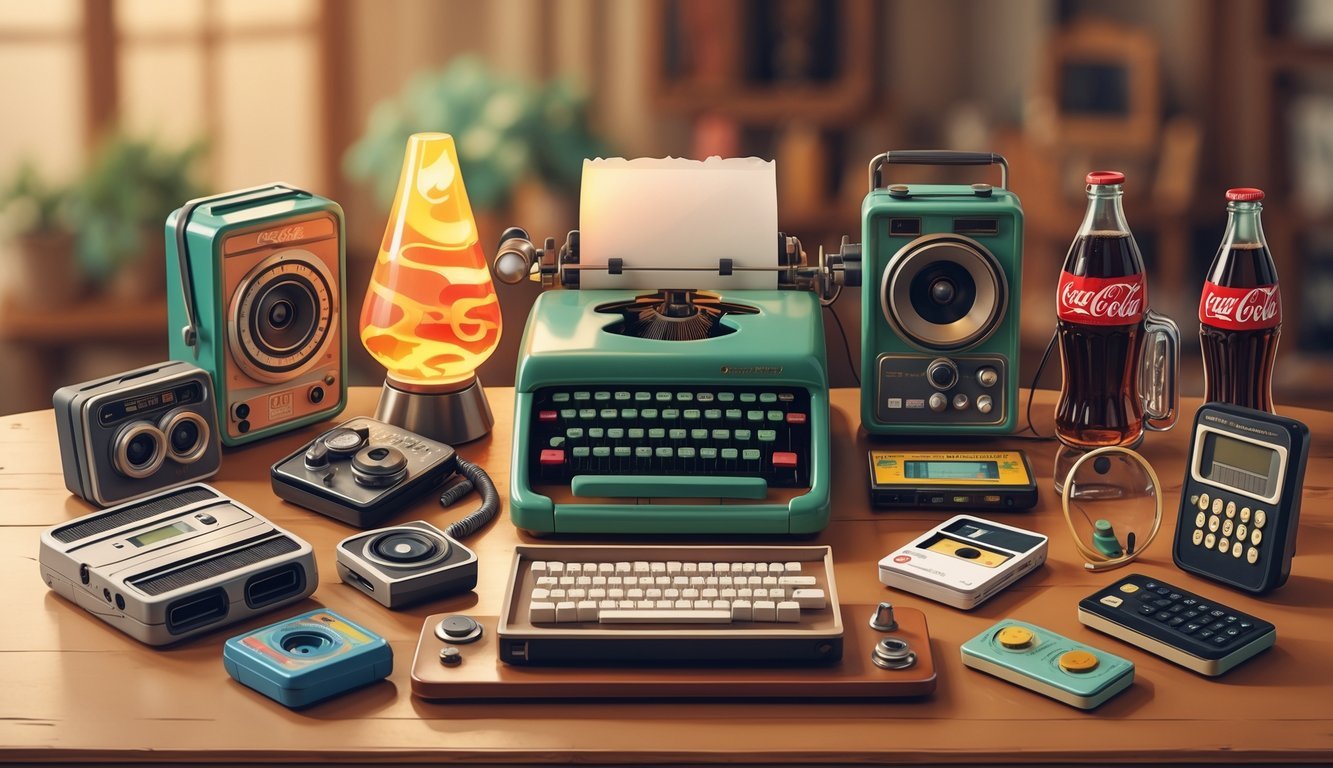 A collection of 12 everyday items from the 1970s arranged on a wooden table, including a typewriter, rotary phone, Polaroid camera, lava lamp, cassette tape and player, alarm clock, aviator sunglasses, 8-track tapes, calculator, lunchbox, vinyl records, TV remote, and a glass Coca-Cola bottle.