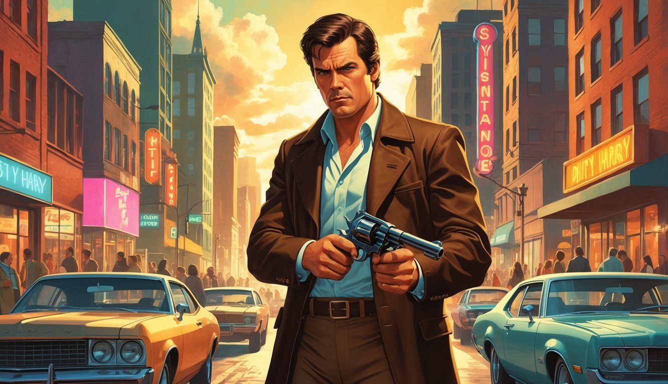 A determined male detective holding a revolver stands in a sunny 1970s city street filled with vintage cars and people.