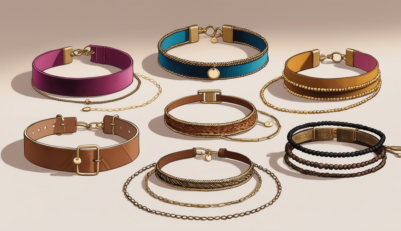 A collection of eight triple-layered chokers with different designs and materials displayed on a plain background.