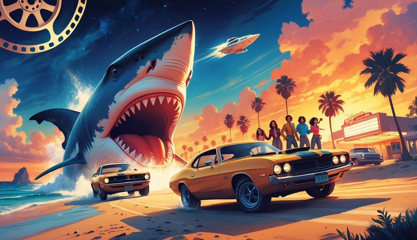 A lively scene showing a giant shark fin in the ocean, a classic car on a coastal road, a spaceship flying in the sky, and a group of adventurous people on a sunny beach with palm trees.