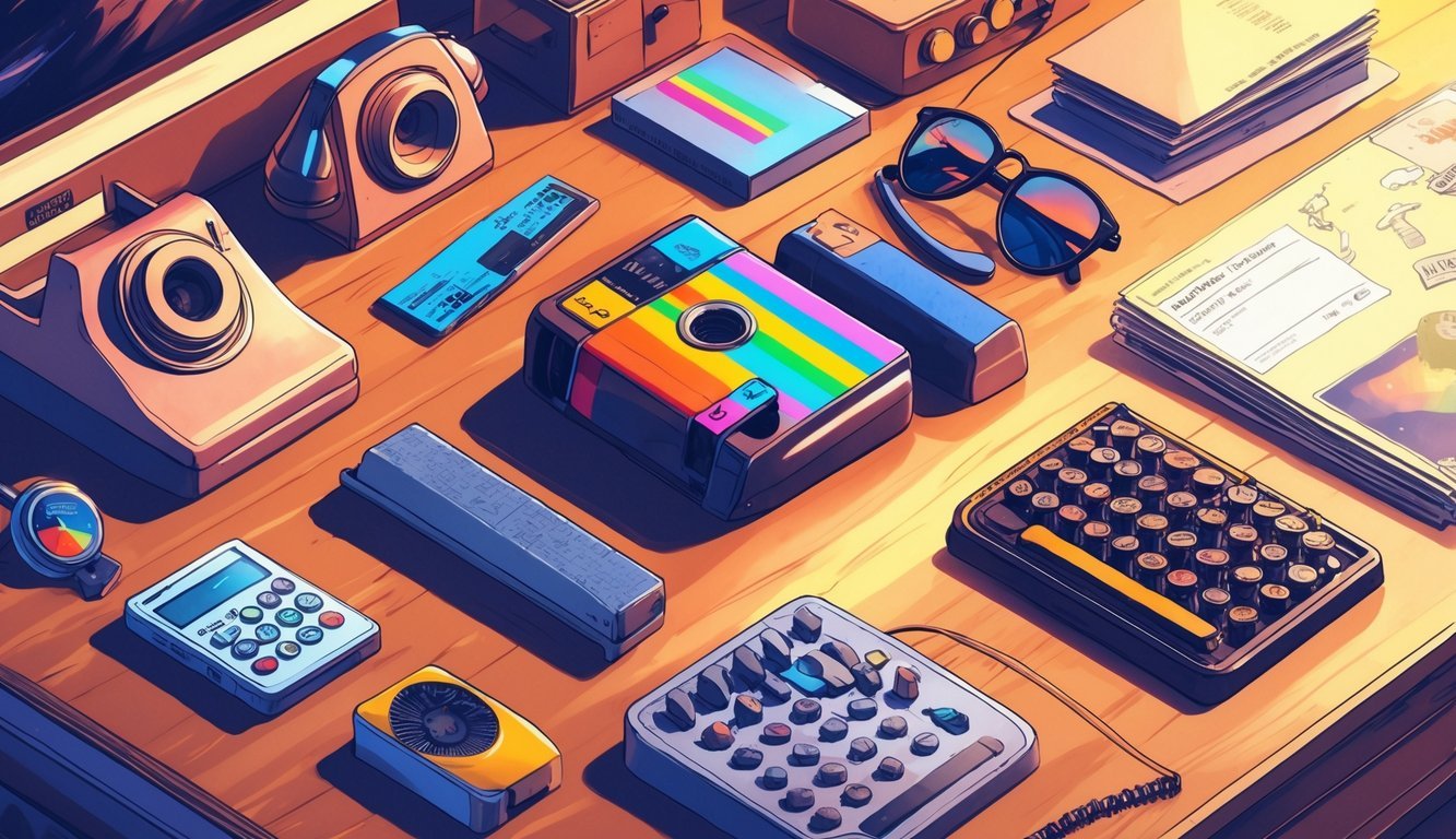 A collection of 12 vintage 1970s items including a Polaroid camera, rotary phone, lava lamp, cassette tape, vinyl record, aviator sunglasses, wristwatch, calculator, typewriter keys, soda bottle, roller skate, and postcards arranged on a wooden surface.