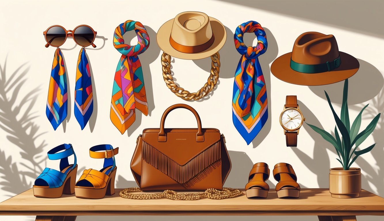 A collection of eight vintage 1970s fashion accessories arranged on a wooden table, including sunglasses, a silk scarf, a gold necklace, a fringe handbag, a floppy hat, platform sandals, a beaded bracelet, and a wristwatch.
