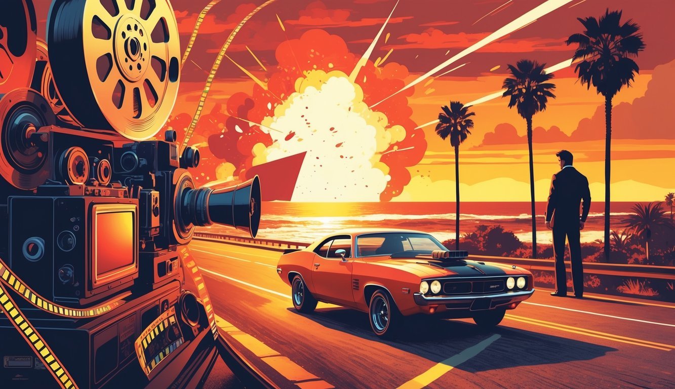 A collage showing a vintage film camera, a muscle car on a coastal road, a silhouetted hero at sunset, and a background explosion, representing 1970s summer blockbuster movies.