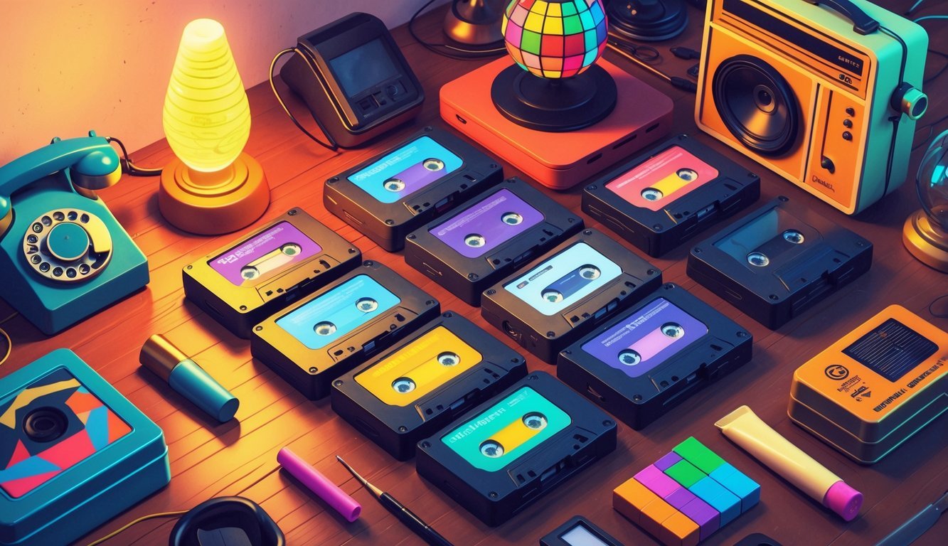 A collection of 12 forgotten 1970s items including VHS tapes, a rotary phone, lava lamp, cassette player, Polaroid camera, eight-track tape, Rubik's Cube, platform shoes, disco ball, alarm clock, lip balm, and a lunchbox arranged on a wooden surface.