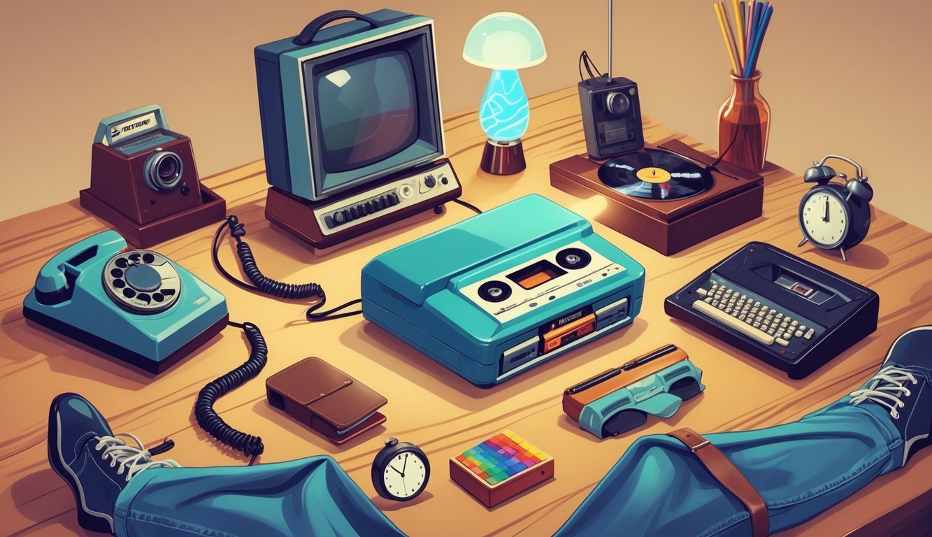 A collection of twelve everyday items from the 1970s arranged on a wooden surface, including a cassette player, rotary phone, Polaroid camera, lava lamp, vintage TV, record player, typewriter, bell-bottom jeans, Rubik's Cube, wristwatch, alarm clock, and a glass Coca-Cola bottle.