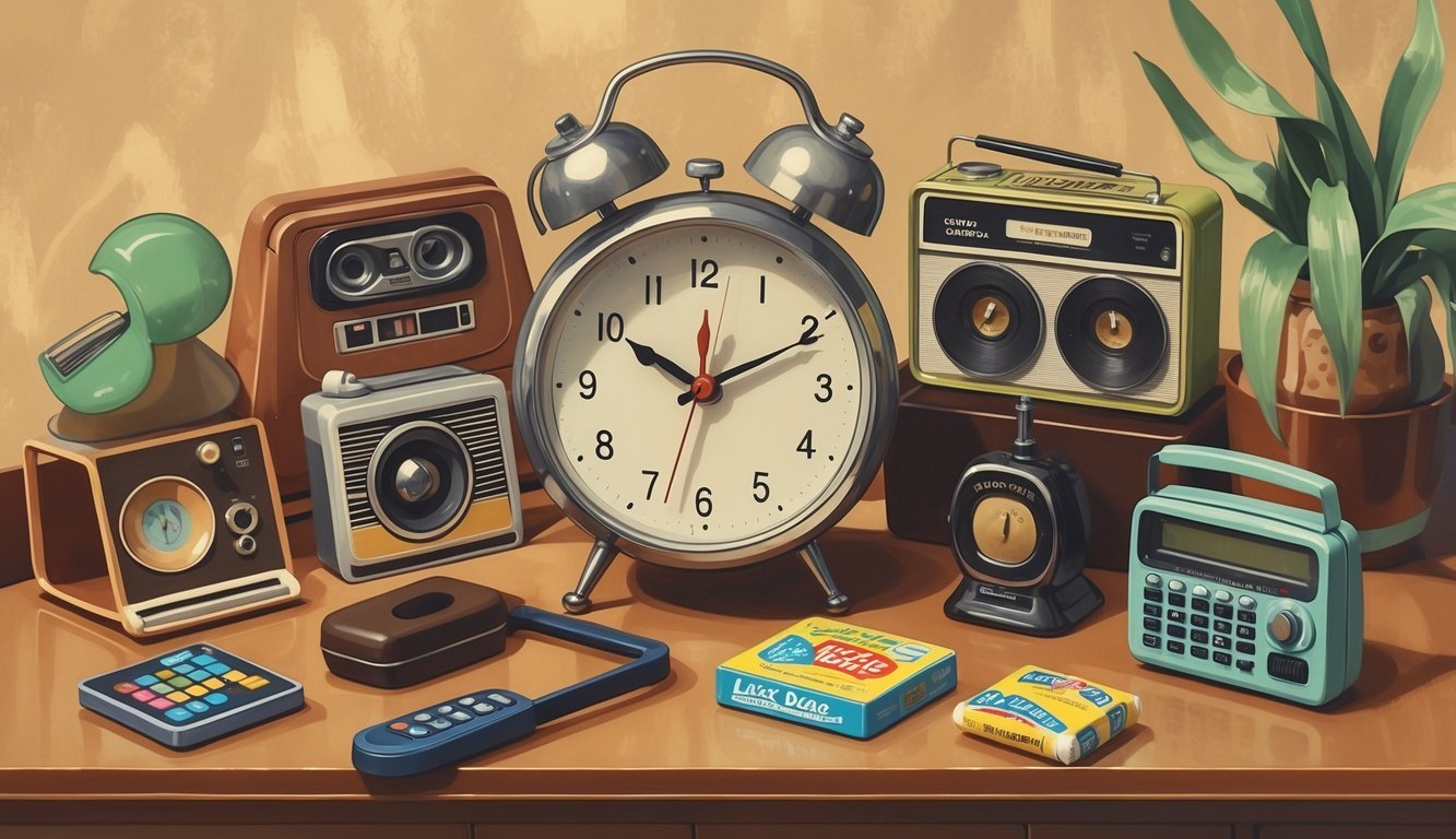 A collection of twelve everyday items from the 1970s including an analog alarm clock, rotary phone, Polaroid camera, cassette tapes, lava lamp, vinyl record, calculator, sunglasses, TV remote, radio, lunchbox, chewing gum, and lip balm arranged on a wooden surface.