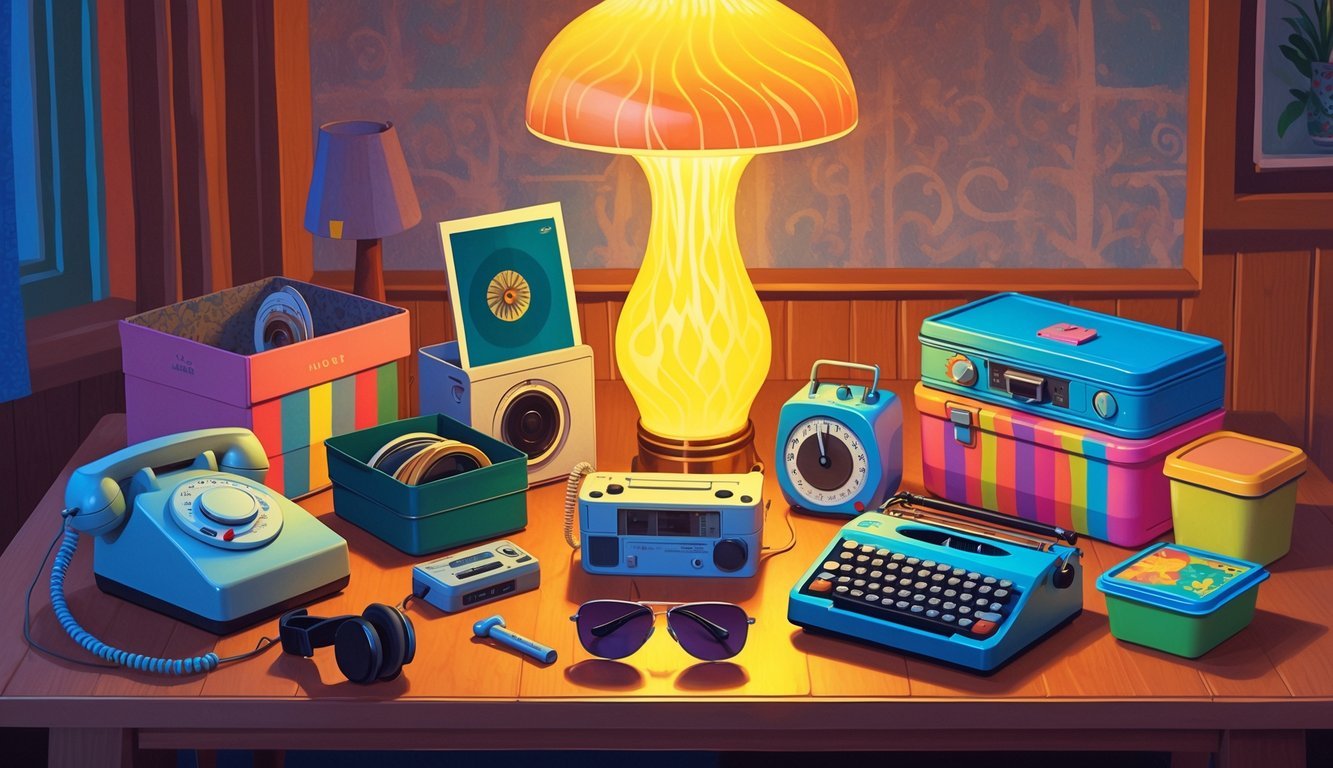 A collection of 12 forgotten everyday 1970s items arranged on a wooden table with warm lighting and a 1970s style room background.