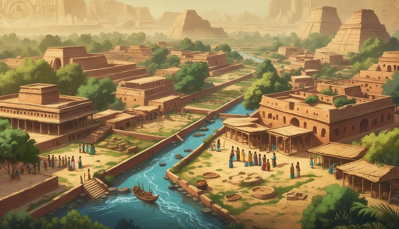 An ancient city with brick buildings, streets, and people working and trading near a river, surrounded by greenery and ruins.