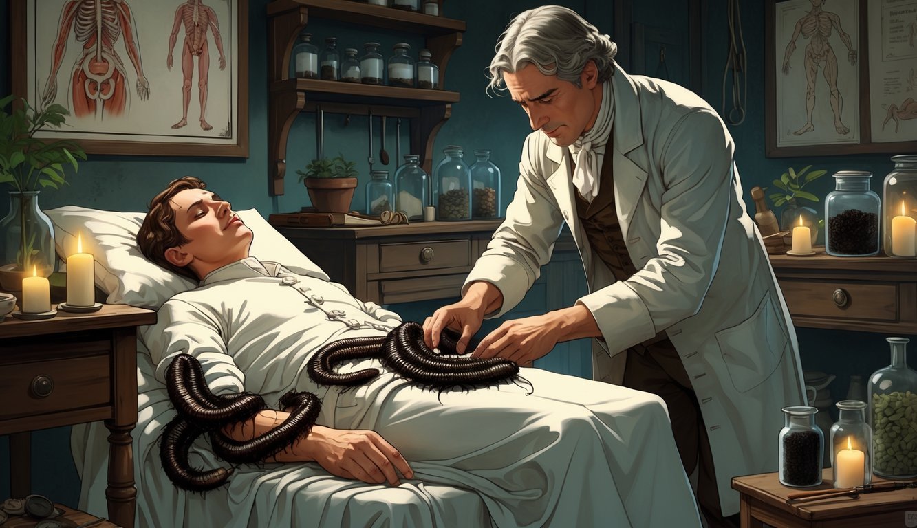 A patient receiving leech therapy on their arm from a medical practitioner in a historical medical room.