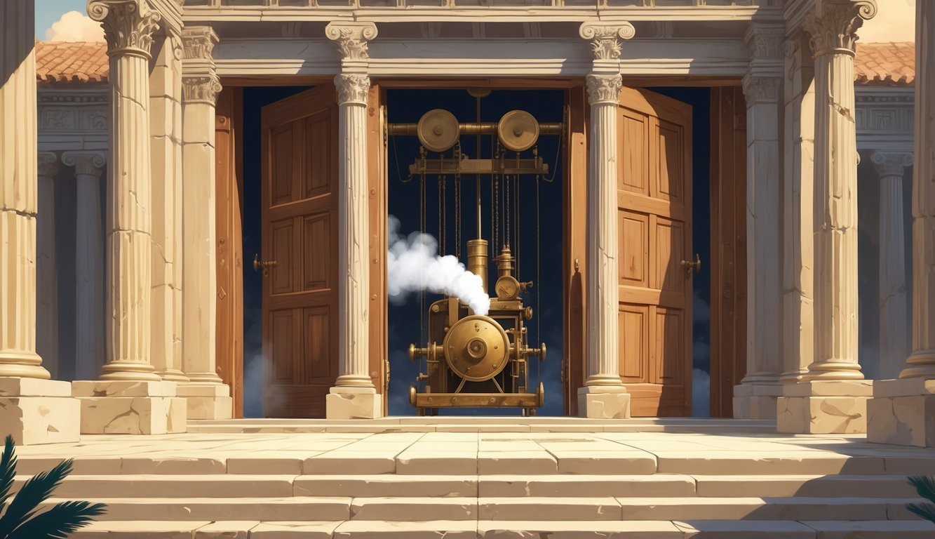 Ancient temple entrance with large wooden doors opening automatically using steam-powered mechanical devices beneath the floor.