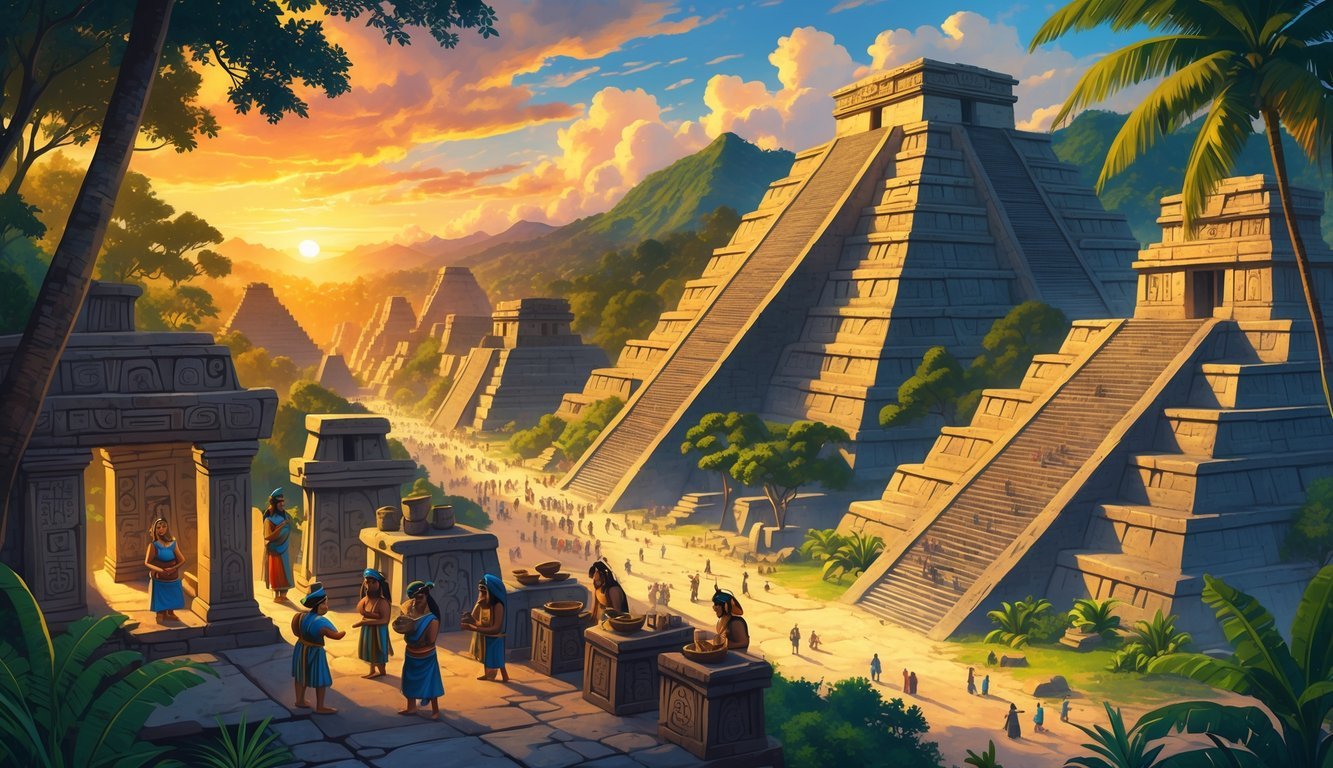 A detailed scene showing an ancient Maya city with pyramids, priests performing rituals, marketplaces, and dense jungle surroundings under a sunrise.