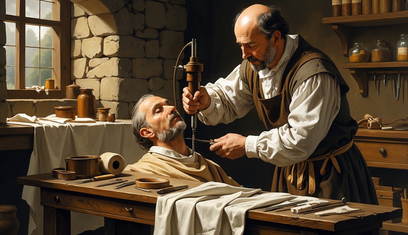 A historical medical practitioner drills a small hole into a man's skull using old surgical tools in a dimly lit room.