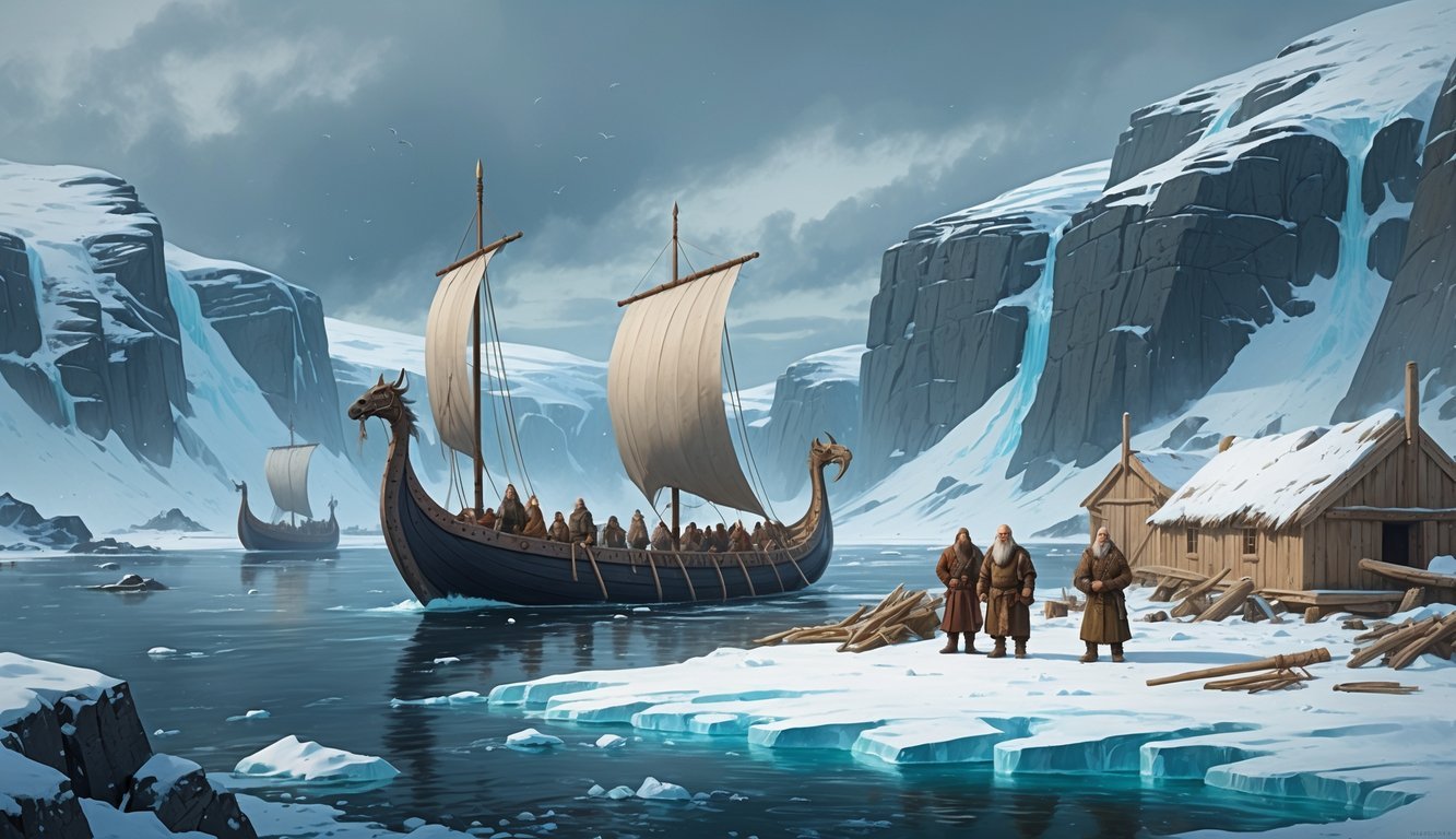 Vikings in traditional clothing near wooden longships on icy Arctic shore with snowy mountains and ancient ruins in the background.