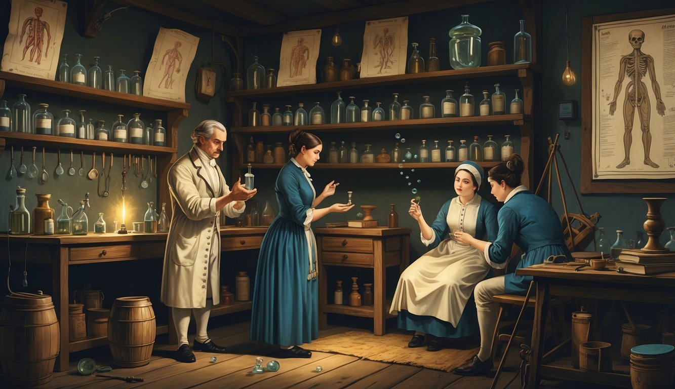 A historical medical scene showing a doctor holding a vial of mercury while a patient looks uneasy in an old apothecary filled with medical tools and bottles.