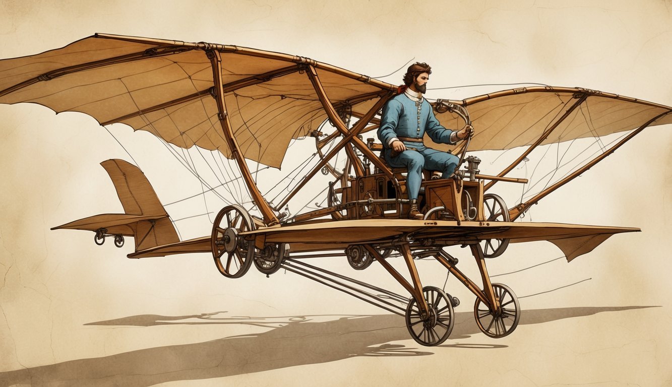 A detailed illustration of Leonardo da Vinci's human-powered flying machine with large wings and a seated figure operating pedals.