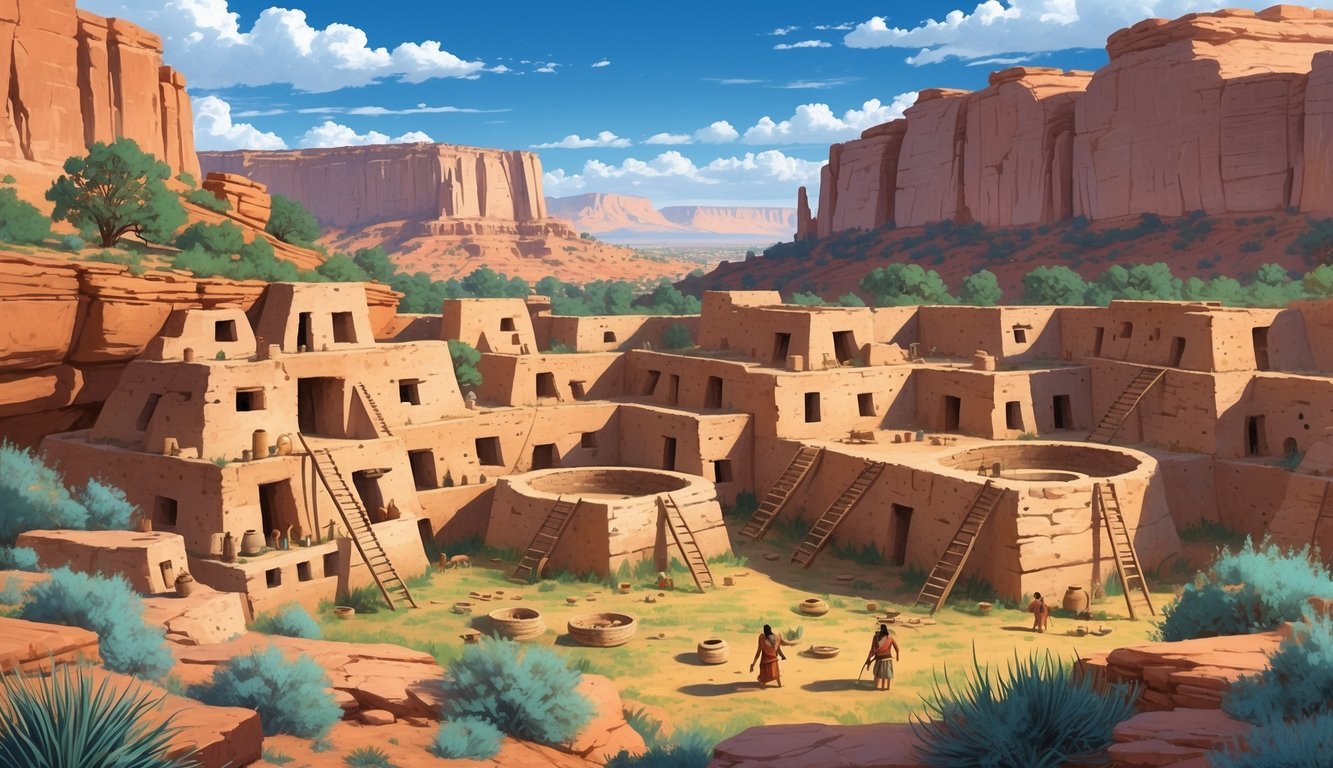 Ancient cliff dwellings built into red sandstone canyon walls with people engaging in daily activities like pottery and weaving, surrounded by desert plants and distant mesas.