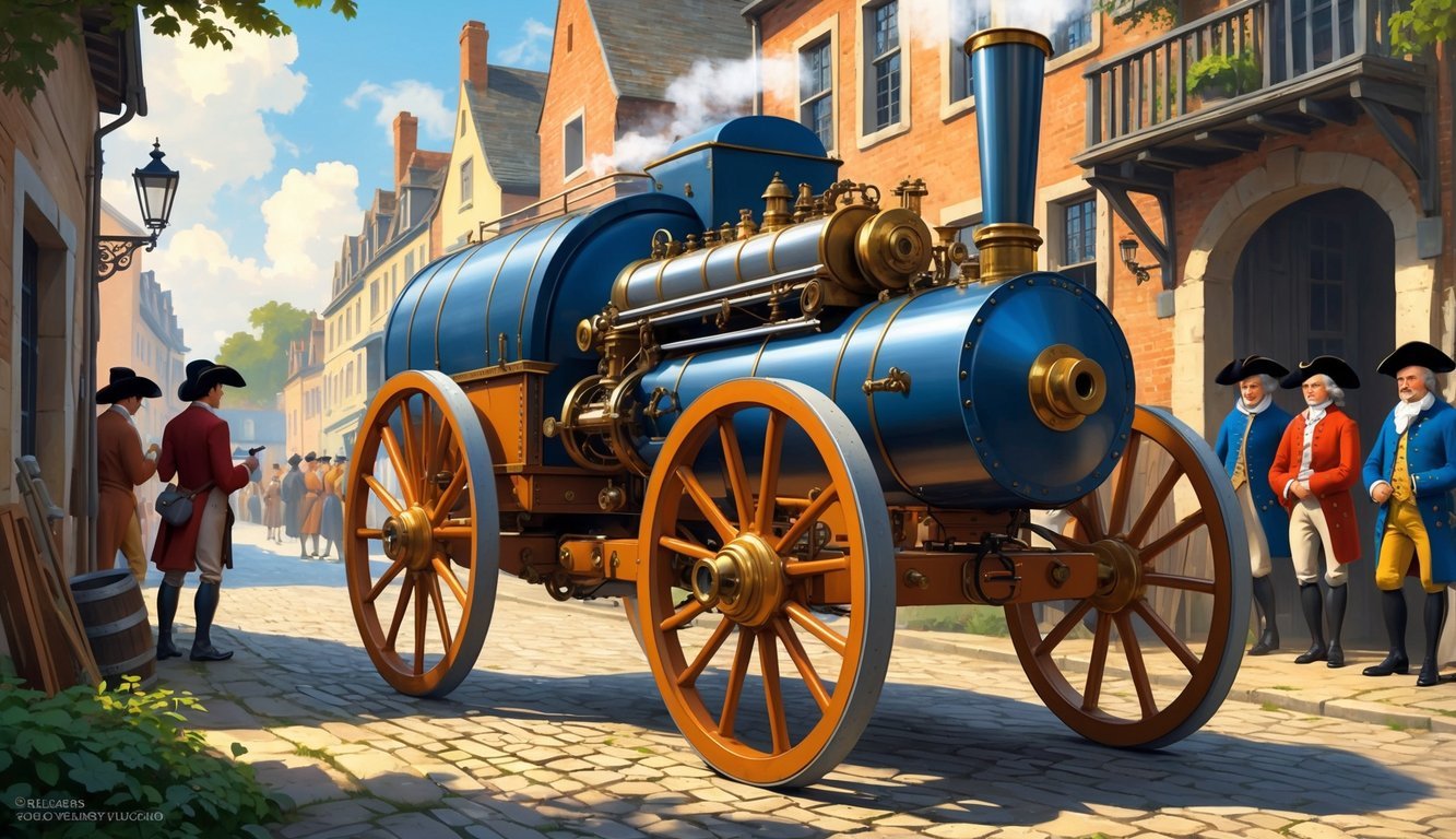 A steam-powered three-wheeled vehicle from the 18th century on a cobblestone street with people in period clothing watching.