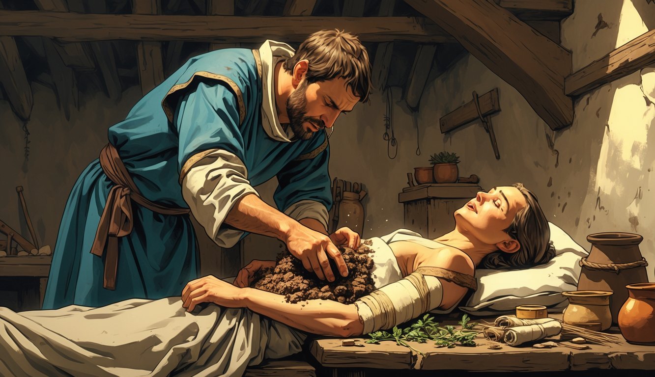 A healer applying animal dung to a patient's arm wound in a rustic historical room.