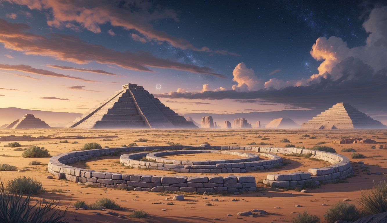 A desert landscape with a circular stone arrangement and distant ancient ruins under a twilight sky.