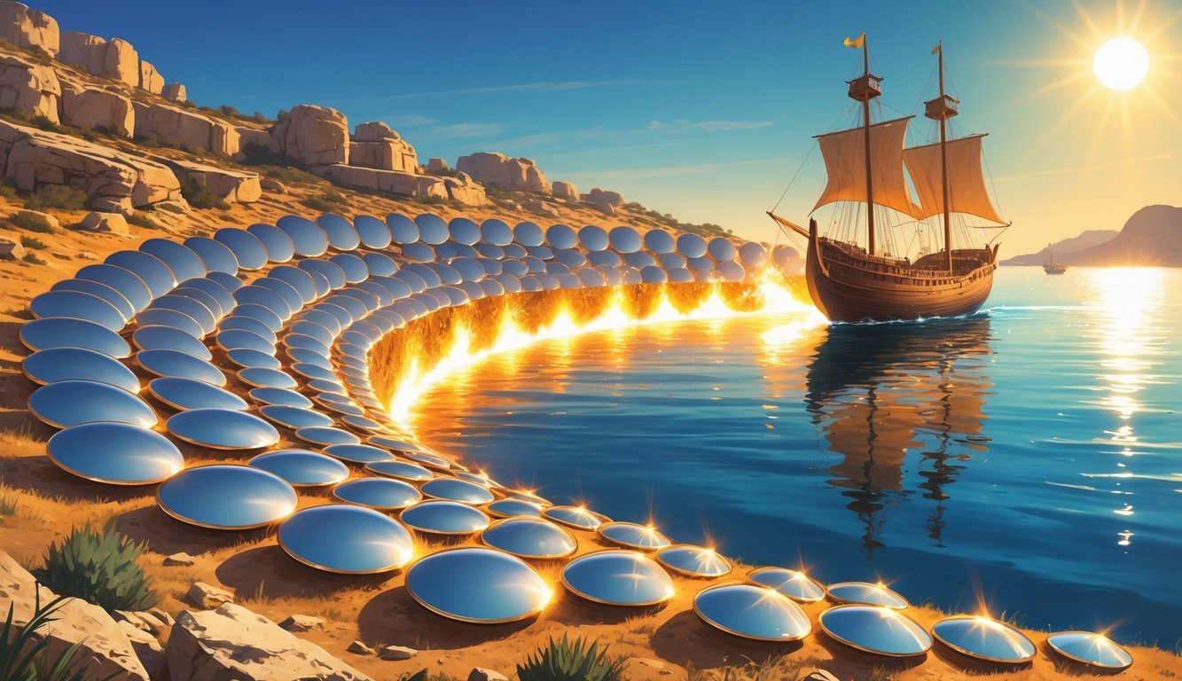 An ancient array of polished shields focusing sunlight to set fire to a wooden ship near the coast.